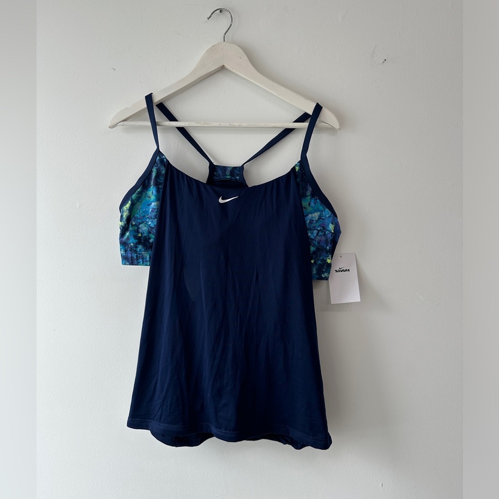 NWT - Nike Swim Top - Tankini - Navy + Green Yellow Spirts Bra Attached- Size 1x